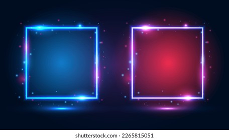 Square neon frames with shining effects, highlights on a dark blue background. A set of futuristic modern neon glowing banners. Vector illustration.