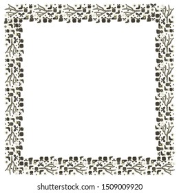 Square  New Year and Christmas frame in Scandinavian style on a white background. Template from hand drawn Christmas tree branches with balls, bows, gift bags, snowflakes, gifts and socks. Vector.