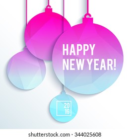 Square New Year design with paper Christmas balls in neon bright colors, vector illustration