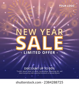 Square New Year Sale banner with typography and fireworks