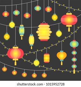 Square night scence illustration of hanging Chinese paper lantern for mid autumn festival and lunar new year