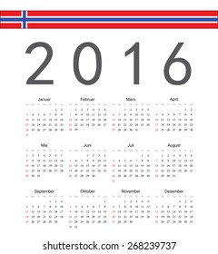 Square Norwegian 2016 year vector calendar. Week starts from Sunday.