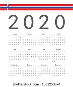 Square Norwegian 2020 year vector calendar. Week starts from Sunday.