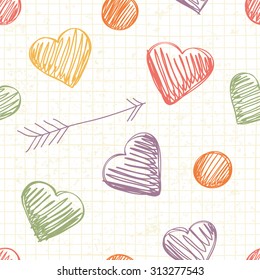 Square note paper sheet with squares, hearts and arrows. 