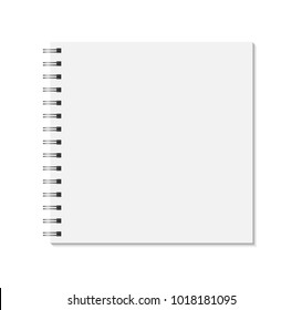 Square notebook mock up isolated on white background. Blank pages, copybook with metal spiral template. Realistic closed notebook vector illustration.