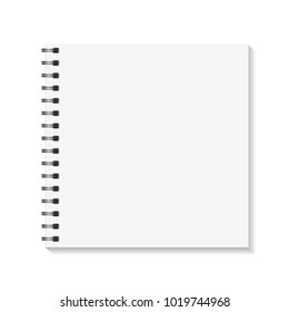 Square Notebook mockup. Empty pages book with binder metal spiral template. Isolated on white background. Vector illustration