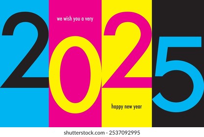 square with number 2025 cyan magenta yellow and black color, happy new year 2025 text background design template, happy new year 2025 vector illustration isolated on white background.