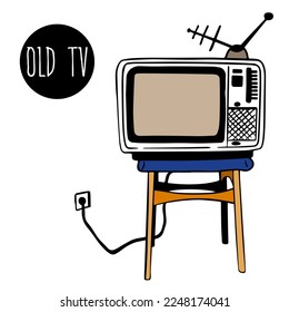 quadratischer alter Fernseher mit einer Antenne steht auf Hocker, Stuhl. Retro-TV mit klassischem Holzkoffer, im Skizzenstil. Vektor handgezeichnet.