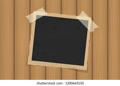 Square old vintage frame template on sticky tape with shadows on brown wooden texture. Vector illustration