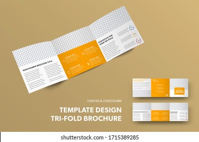 Square open tri-fold template with place for photo, isolated on background. Brochure design presentation layout with orange rectangles. Set of booklets with text and description front and back view