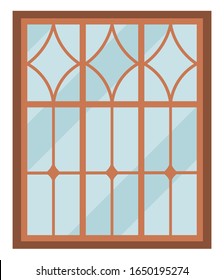 Apertura cuadrada en la casa, apartamento u oficina. Marco de madera marrón acristalado, cubierto de material transparente. Un elemento básico del interior. Ventana simple aislada con vista a la ciudad. Ilustración del vector
