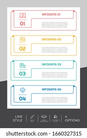 Opción cuadrada de diseño vectorial infográfico con 4 pasos y estilo colorido para la presentación. La infografía de paso de línea se puede utilizar para negocios y marketing.