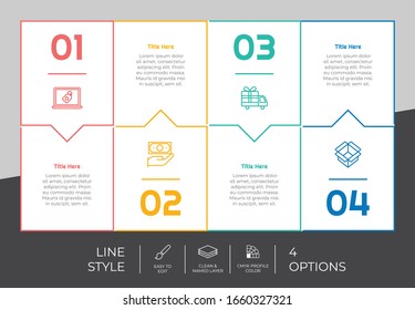 Square option infographic vector design with 4 steps & colorful style for presentation purpose.Line step infographic can be used for business and marketing