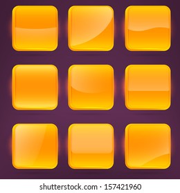 Square orange application buttons or app banners with rounded corners and different gloss reflection effect over, eps10 vector
