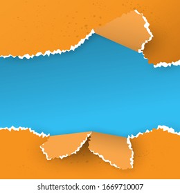 Square Orange Paper Tear With Blue Copy Space.