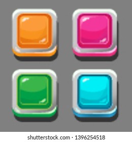 
Square orange, pink, blue and green buttons for interfaces and menus of games and applications.