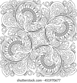 Square ornament background with hearts. Floral decorative pattern in zentangle style. Adult antistress coloring page. Black and white hand drawn doodle for coloring book