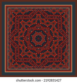 Square ornament in brown red orange for scarves or pillows, for printing on fabric or paper. Frame.