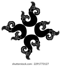 Square ornament with fantastic two headed serpents or griffins. Nomadic Scythian Iron Age Pazyryk culture. Black and white silhouette.