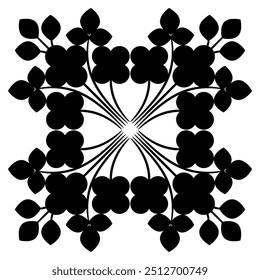 Square ornament with floral motifs. Geometrical design with stylized blooming branches with leaves and flowers. Folk style. Black silhouette on white background.