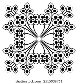 Square ornament with floral motifs. Geometrical design with stylized blooming branches with leaves and flowers. Folk style. Black and white silhouette.