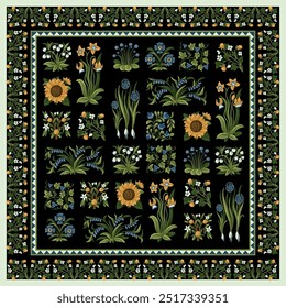 Ornamento cuadrado con flores rústicas amarillas y azules simples. Vector