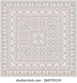 Square ornament for scarves or pillows, for printing on fabric or paper. Frame. Ribbons. 