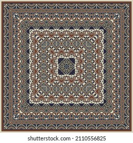 Square ornament for scarves or pillows, for printing on fabric or paper. Frame. Ribbons. Home decor, interior design.