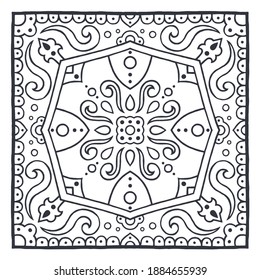 Square ornament of swirling lines, geometric shapes, circles, dots. Print for the cover of the book, postcards, t-shirts. Illustration for rugs.