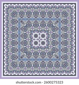  Square ornament in white violet blue pink  for scarves or pillows, for printing on fabric or paper. Frame.