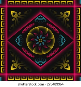 square ornamental china style pattern in design of bandana, neckerchief, scarf, shawl, and carpet