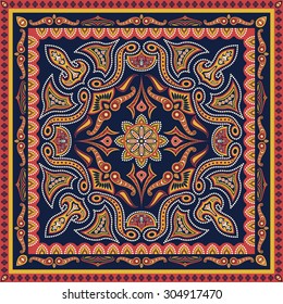 square ornamental classic style pattern with blue, orange and yellow