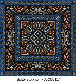 square ornamental classic style pattern with blue, black and orange