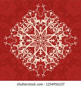 Square ornamental design with floral elements. Symmetrical lace pattern on a simple background. White tracery snowflake on a scarlet background.