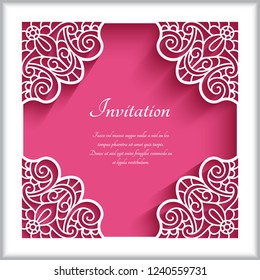 Square ornamental frame with lace corner patterns, vector template for laser cutting or plotter printing, cutout paper border decoration for wedding invitation card with place for text