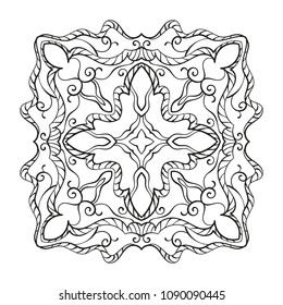 Square ornamental mandala with rhombus in middle, Isolated design element for coloring book, print on T-shirt, textile, tattoo or any other decoration, Vector illustration