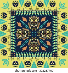 square ornamental owl pattern. can use this pattern in design of bandana, neckerchief, scarf, shawl, carpet and tile