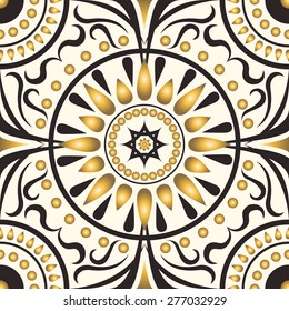 quadratisches Ornamentmuster mit goldenem Blütenblatt radial. kann dieses Muster im Design von Bandana, Halstuch, Schal, Schal und Teppich verwenden