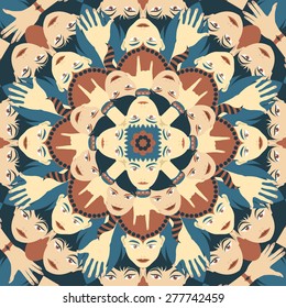 square ornamental pattern with swirl face and hand. can use this pattern in design of bandana, neckerchief, scarf, shawl, and carpet