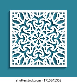 Square ornamental tile with cutout paper swirls, floral lace texture, vector panel with stencil pattern, elegant template for laser cutting or wood carving
