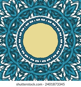 Square ornamented frame with a round hole for a photo or picture. Blue winter ornament. Vector illustration. Version No. 3