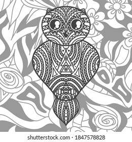 Square ornate background with patterned owl. Hand drawn pattern. Black and white illustration