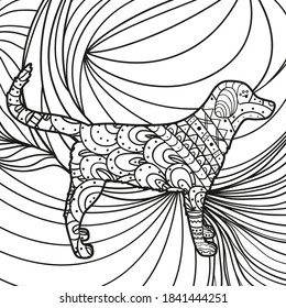 Square ornate pattern with abstract dog. Hand drawn background. Black and white illustration