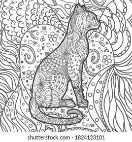 Patrón cuadrado ornamentado con gato. Mandala dibujada a mano en un entorno aislado. Ilustración en blanco y negro