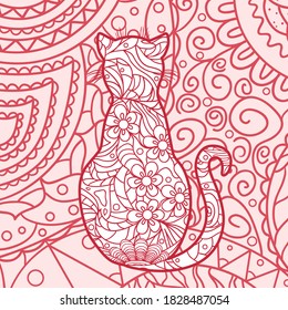 Square ornate pattern with ornate cat. Hand drawn animal with abstract patterns