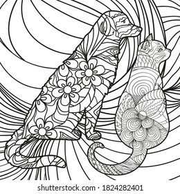 Square ornate pattern. Dog and cat. Hand drawn background. Black and white illustration