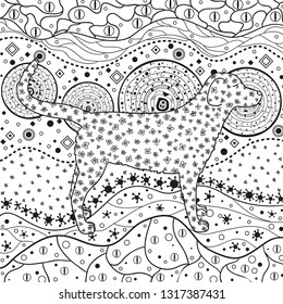 Square ornate pattern with dog. Hand drawn waved ornaments on white. Abstract patterns on isolated background. Design for spiritual relaxation for adults. Line art. Black and white illustration