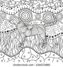 Square ornate pattern with dog. Hand drawn waved ornaments on white. Abstract patterns on isolated background. Design for spiritual relaxation for adults. Line art. Black and white illustration