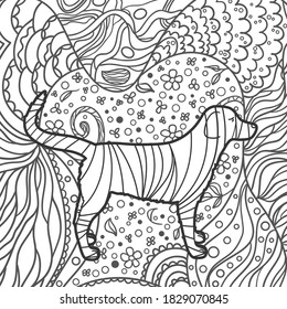Patrón cuadrado ornamentado con perro. Fondo con patrones dibujado a mano. Ilustración en blanco y negro