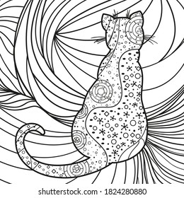 Square ornate pattern. Hand drawn cat. Black and white illustration